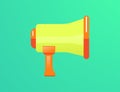megaphone, speaker, loudspeaker. Modern isolated yellow horn with an orange handle on a green background.
